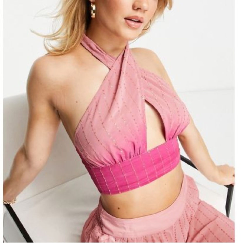 Ombre Pink beaded Halter Neck Crop Top